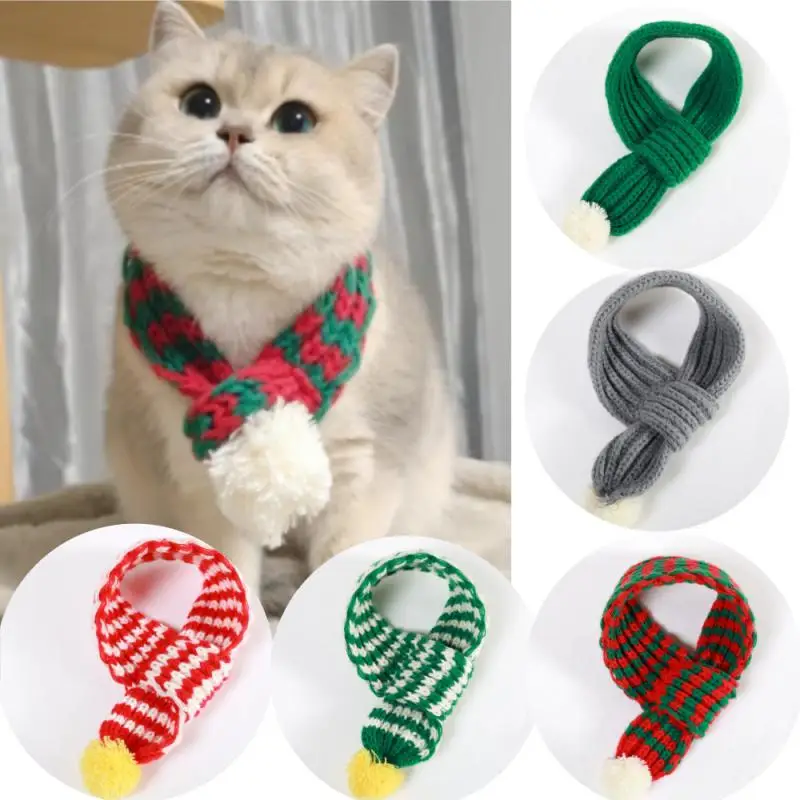 Dog Scarf Pet Warm Knitted Scarf With White Pompom Ball Cat Scarves Winter Supplies Dogs Christmas New Year Accessories