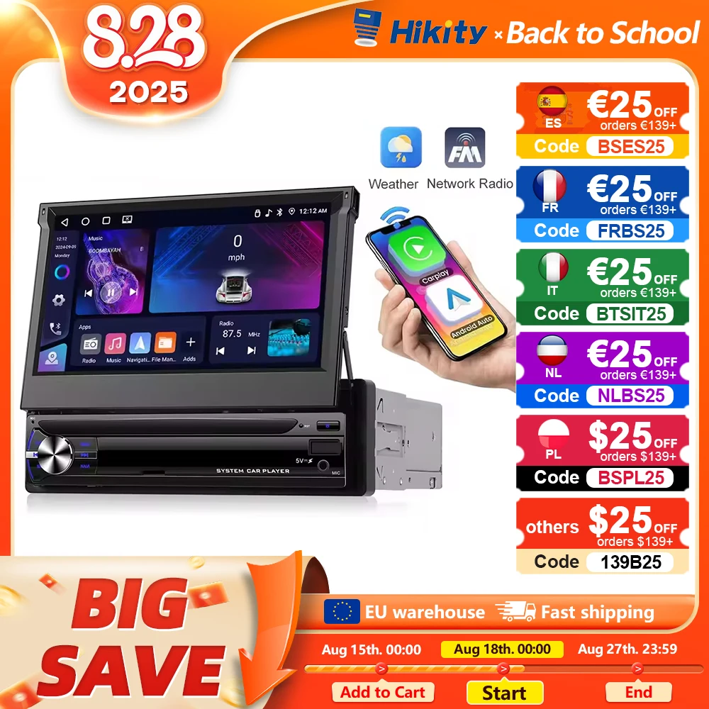 Hikity Carplay 4 + 64G Android 1Din Lettore multimediale per auto Schermo retrattile Navigazione GPS WIFI Bluetooth 1din autoradio No DVD