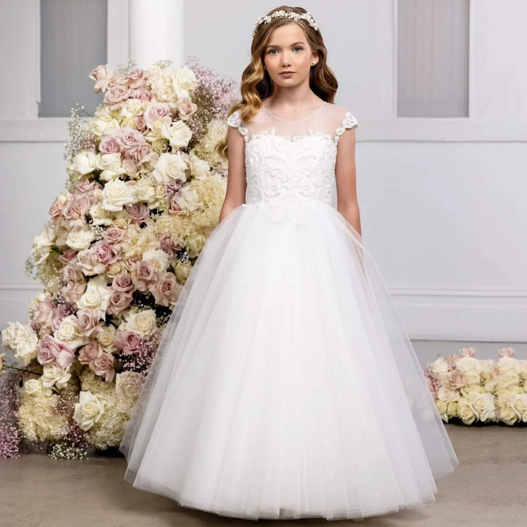 

Customized White Flower Girl Dress Floral Appliques Embroidery Sleeveless For Wedding Birthday Prom Pageant Holy Communion Gown