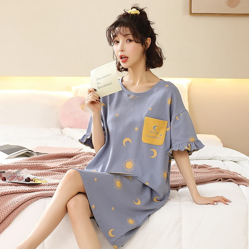 Big Size M-5XL Women Nightgown With Chest Pad Summer Sweet Girl Lounge Cute Cartoon Nightdress Short Sleeve Casual Nightwear