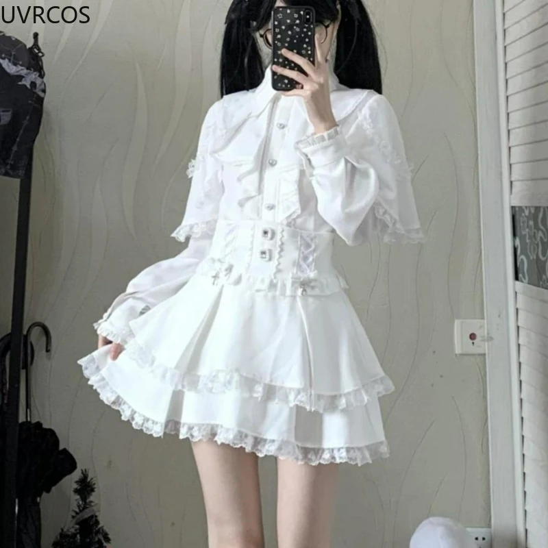 Japanese Y2k Aesthetic Lolita Style Bow Skirt Set Women Gothic Lace Shawl Shirt Ruffle Mini Skirts Gown Faldas Sweet Lolita Suit