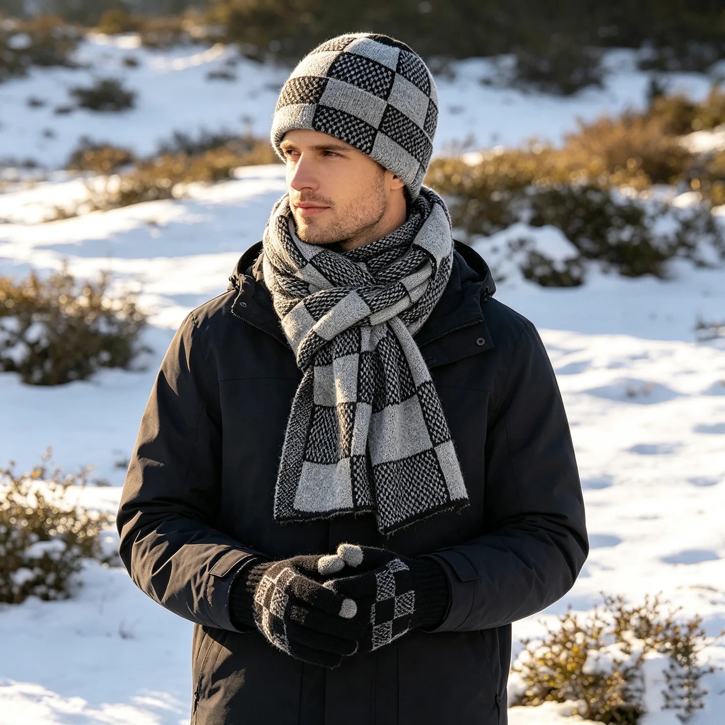 3pcs/Set Warm Knitted Beanie Hat Gloves Scarf Set for Couple Pullover Hat Retro Checkerboard Plaid Jacquard Winter outdoor