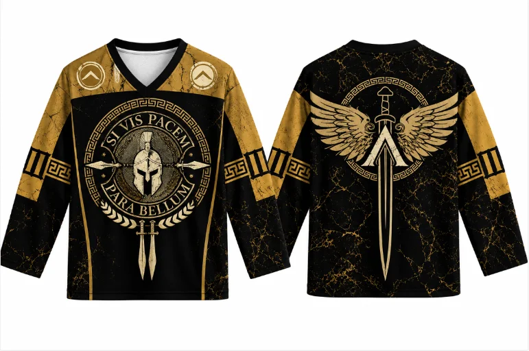 Unisex Ancient Greek Sparta Hockey Jersey, Winged Sword & Lambda Symbol Print Long Sleeve V Neck Shirt  Retro Streetwear