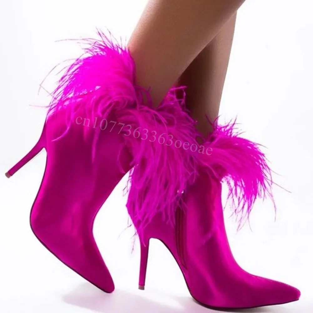 Purple Suede Side Zipper Ankle Boots Sexy Feather Decor Shoes for Women Thin High Heels Fashion Shoes 2024 Zapatos Para Mujere