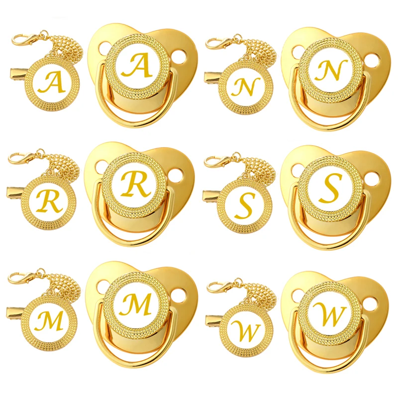 New Baby Pacifiers Clips Chain Gold Color Letter Newborn Teether Bling Luxury Silicone Pacifier Holder Infant Soother Items 2Pcs