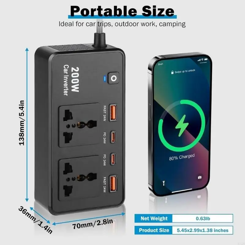 

2025 New Portable 200W Car Inverter DC12V to AC220V Power Converter with USB C and USB A