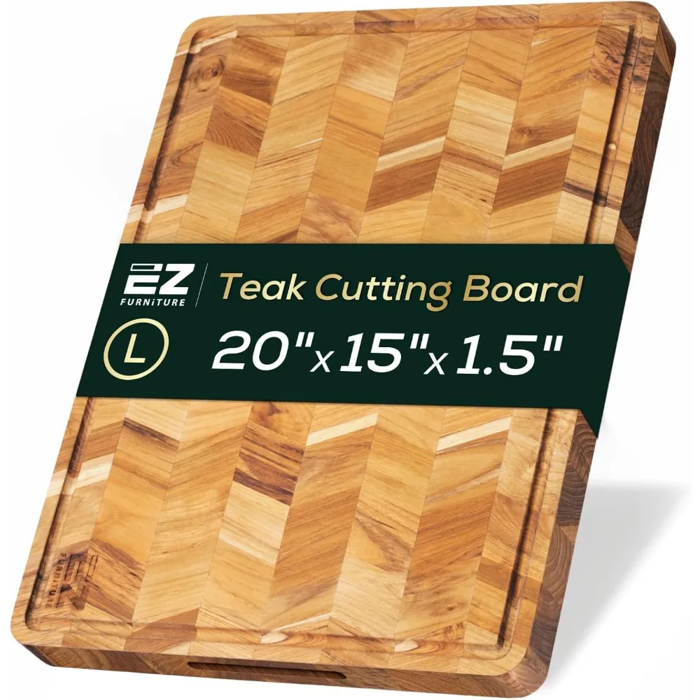 

Large Herringbone Teak Wood Cutting and Serving Board with Pre-Oiled Edge Grain, Juice Groove, and Handles for Food Grade Use
