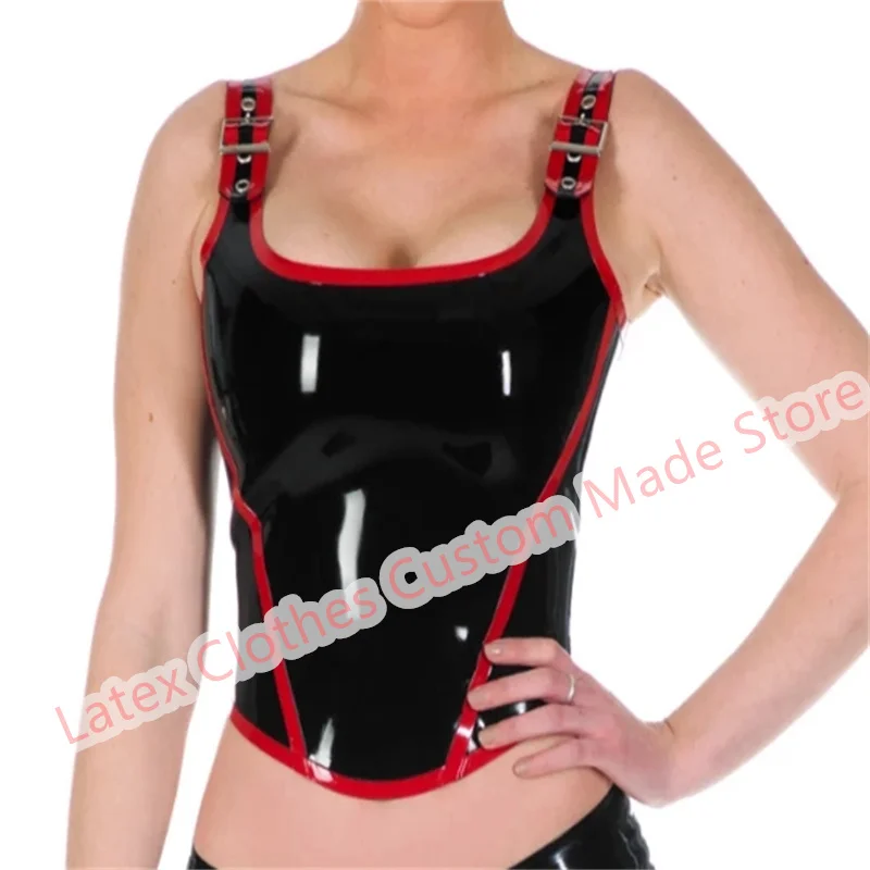 

Sexy Lingerie for Women Handmade Latex Vest Top Rubber Suit Halloween Cosplay Costumes Black with Red