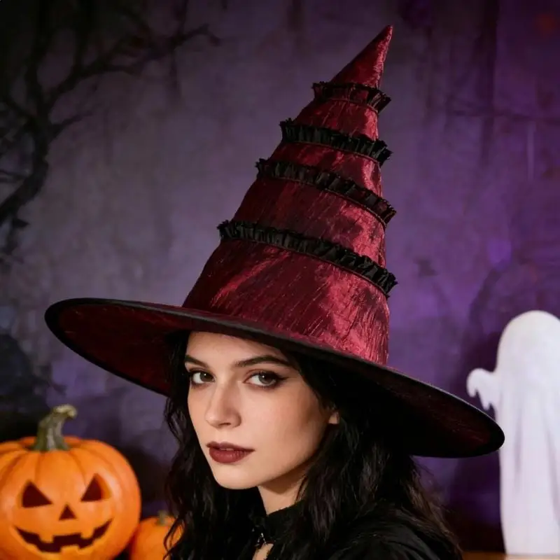 Wide Brims Witch Costume Hat for Halloween Party, Soft Fabric Wizard DressingUp Accessory Pointed Hat for Stage Performances