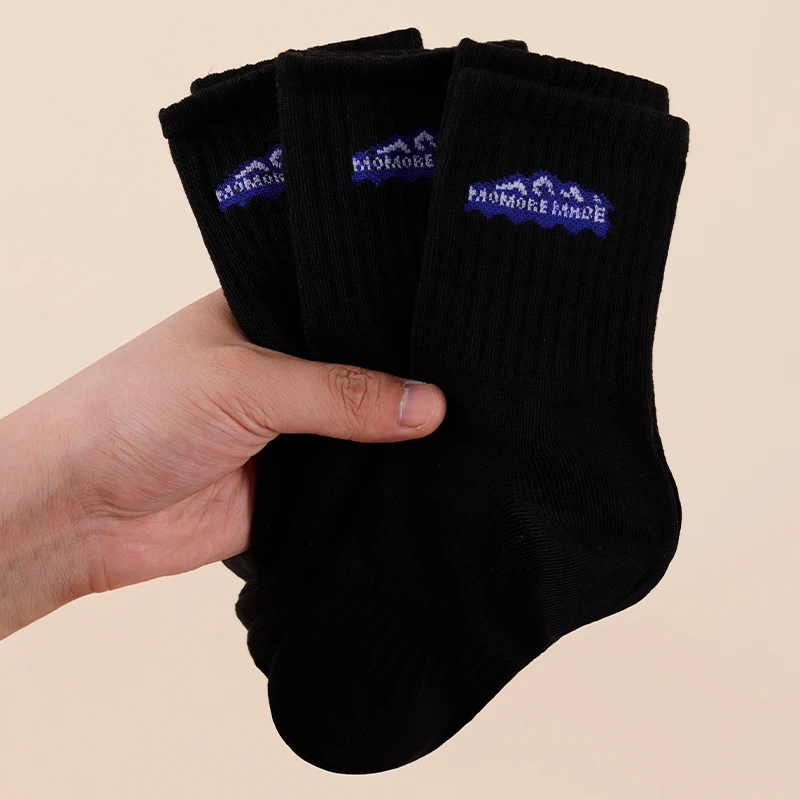 5-Pair Four Seasons Men's and Women's Fashionable Vertical Bar Versatile Casual Sweat Absorbing Black Letter Snow Mountain Socks