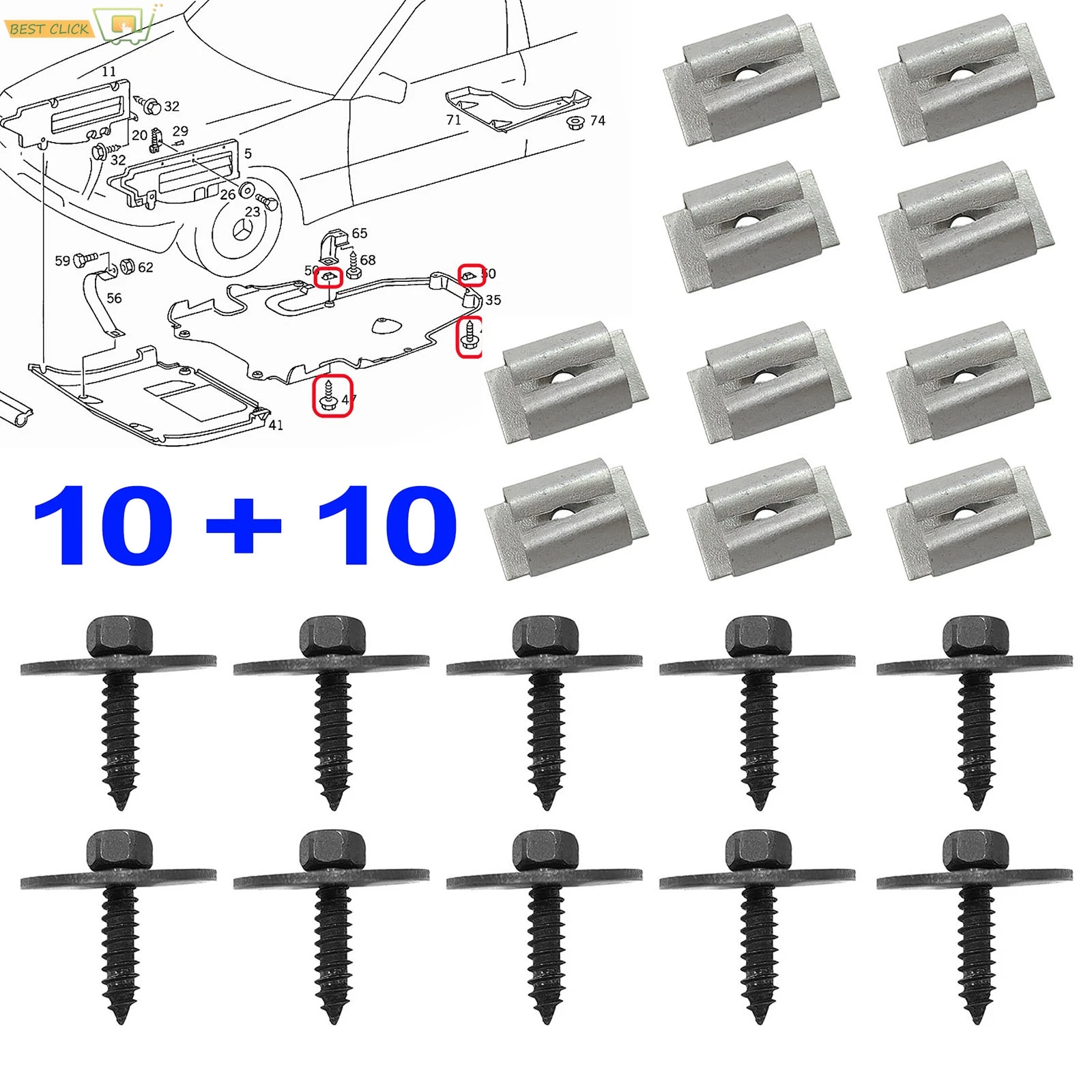 10 Screws & 10 Nuts A2019900536 For Mercedes-Benz C E S SL W208 W209 Undertray Engine Cover Splash Shield