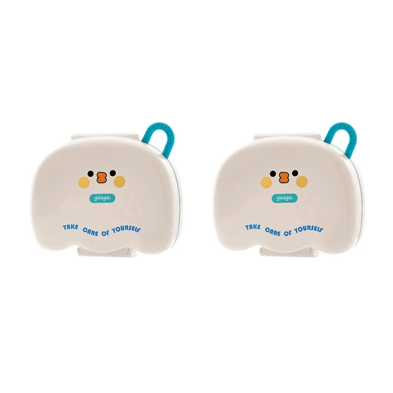 

FO-2Pcs Round Portable Plastic Medicine Box Cute Cartoon Sealed Moisture-Proof Multi-Compartment Storage