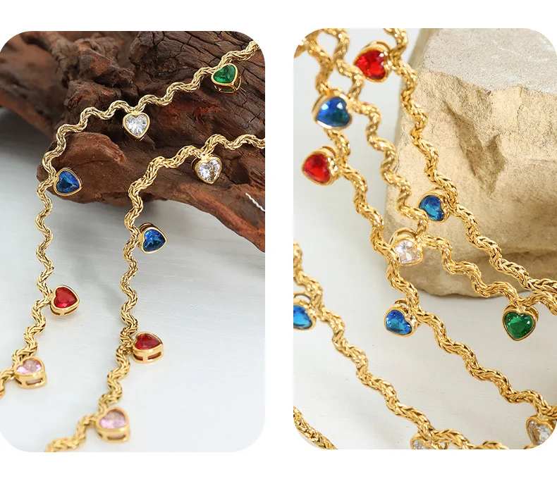 Mode Bunte Zirkonia Herz Anhänger Halskette Frauen 316 Edelstahl Vergoldet Dame Wasserdicht Schmuck Zubehör Geschenk – Detail 6