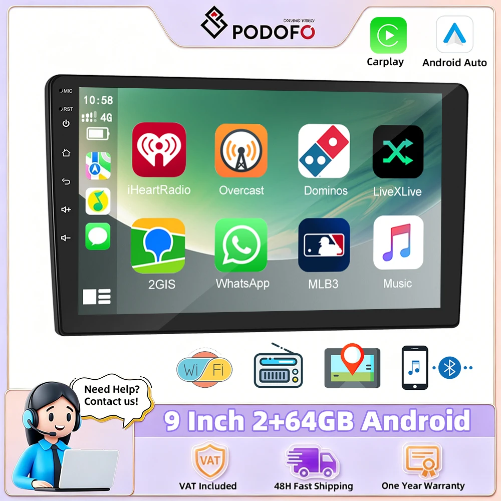 Radio multimedia Podofo de 9 pulgadas con Android, CarPlay, Android Auto, receptor estéreo 2 DIN, reproductor 2DIN, GPS, 4 núcleos, 4G, 64G, unidad principal.