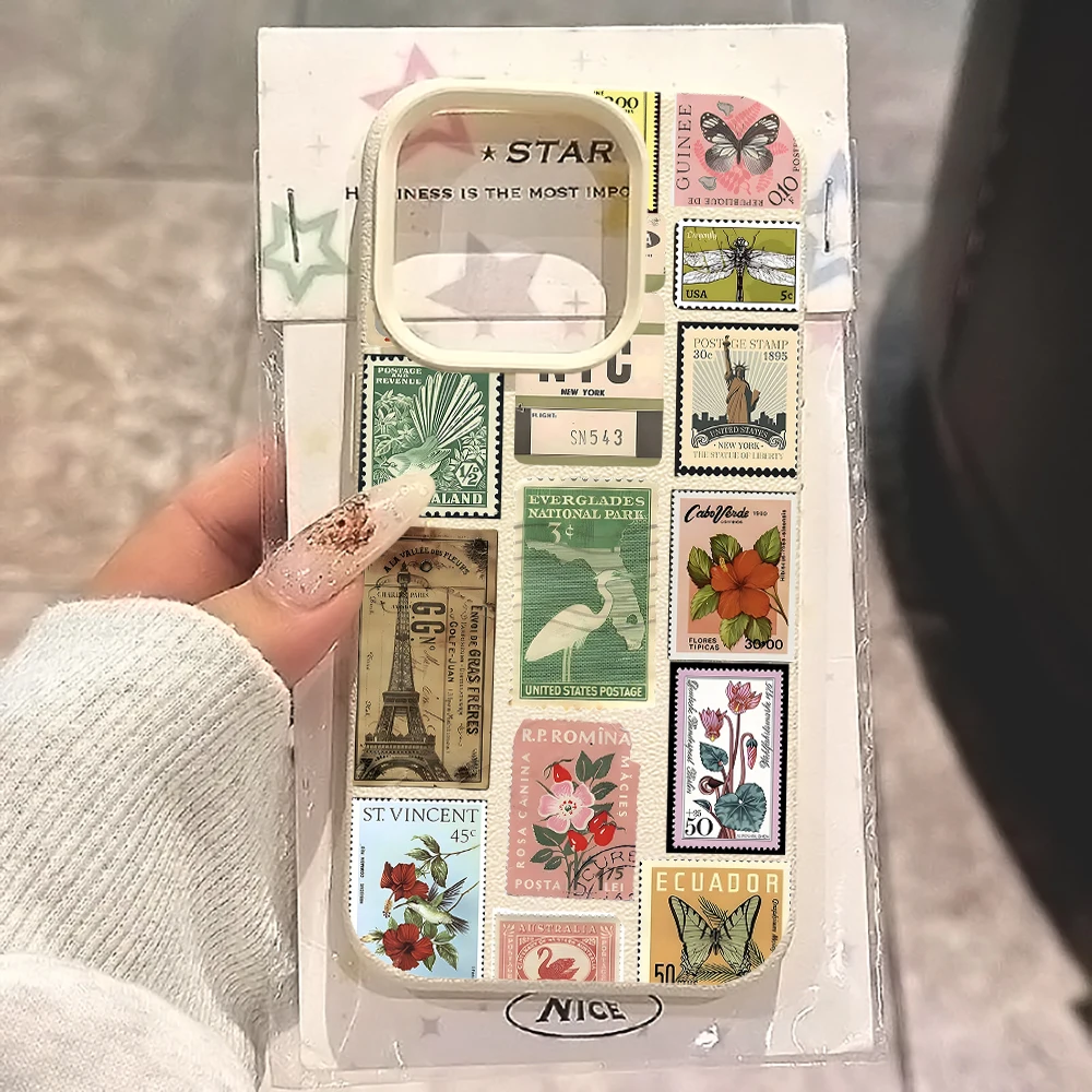 Europäische Briefmarken-Collage-Hülle für iPhone 14 15 Pro Max Hüllen Telefon 11 12 13 ProMax 16 17 Plus X XR Lychee-Muster Sturzsichere Abdeckung – Detail 1