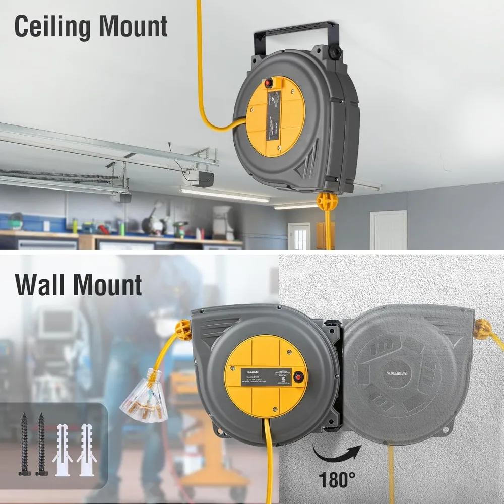 Imagem -05 - Carretel Retrátil do Cabo de Alimentação Tomadas Elétricas Triple Tap Disjuntor Suspensão no Teto 30 ft 10 Amp