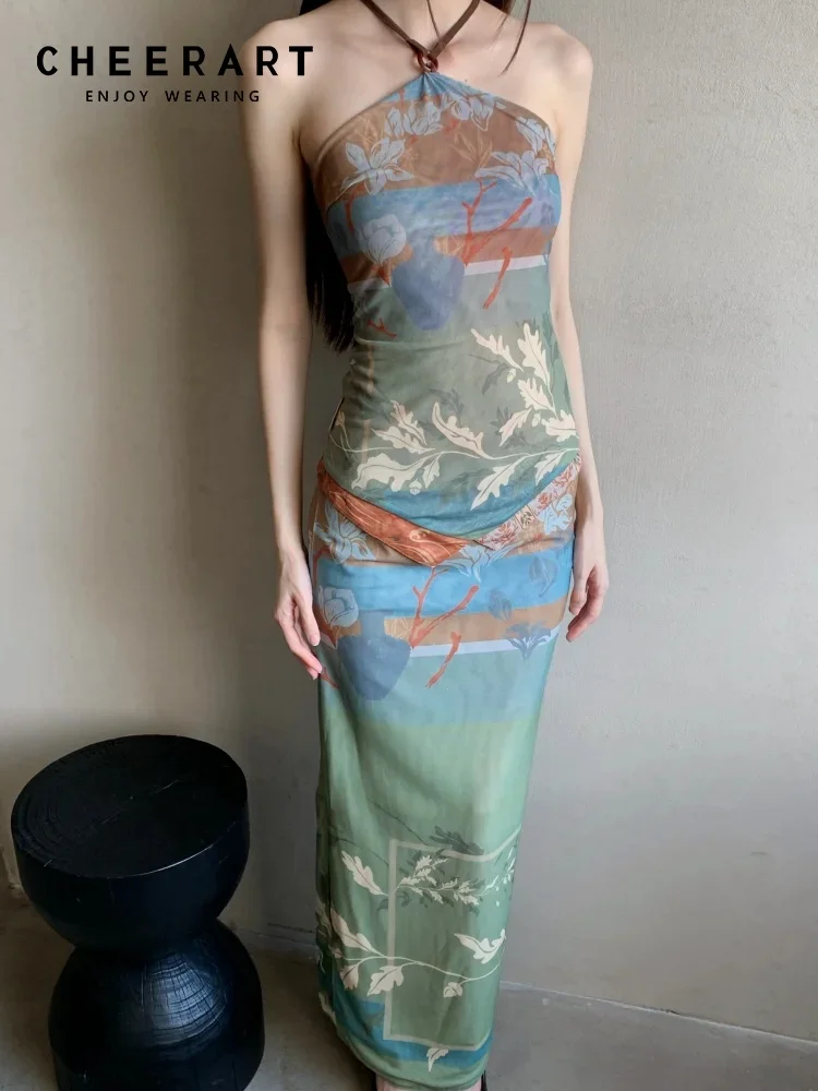 CHEERART Reversible Vintage 2 Pieces Set For Woman Summer Outfit Halter Neck Top And Long Skirt Matching Sets Designer Clothes