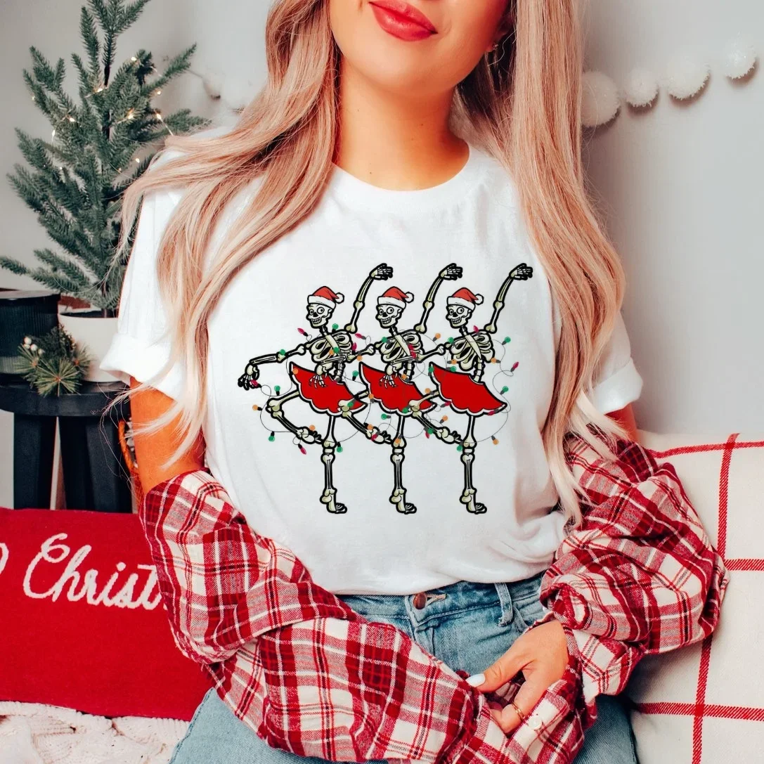 Dancing Christmas Skeletons Santa Women's Style Top Cute Retro 90s Style Clothing Printed Fashion Casual Holiday Travel T-Shirt