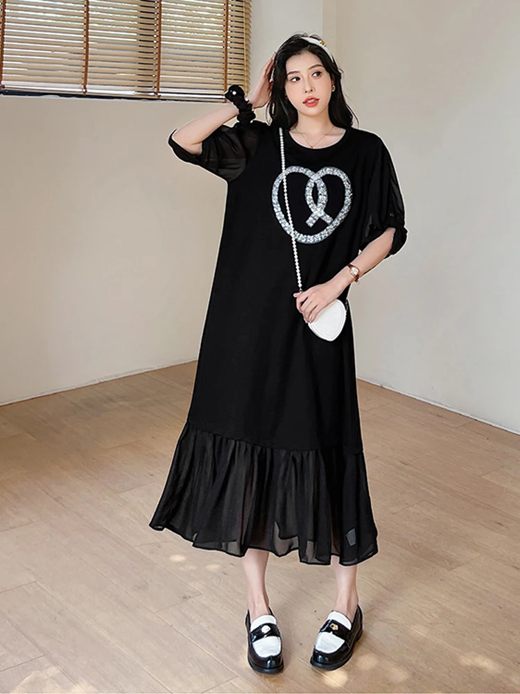 NYFS Summer 2025 Women's Dress Loose plus Size Pearl Embroidery Patchwork Chiffon Short Sleeve Long Dress Robe Elbise