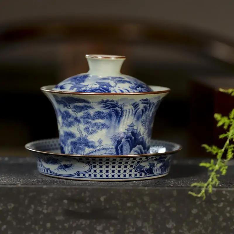 Jingdezhen Old Clay Horseshoe Gaiwan Set Sancai Antique Xishan Visiting Vintage Tea Ceremony