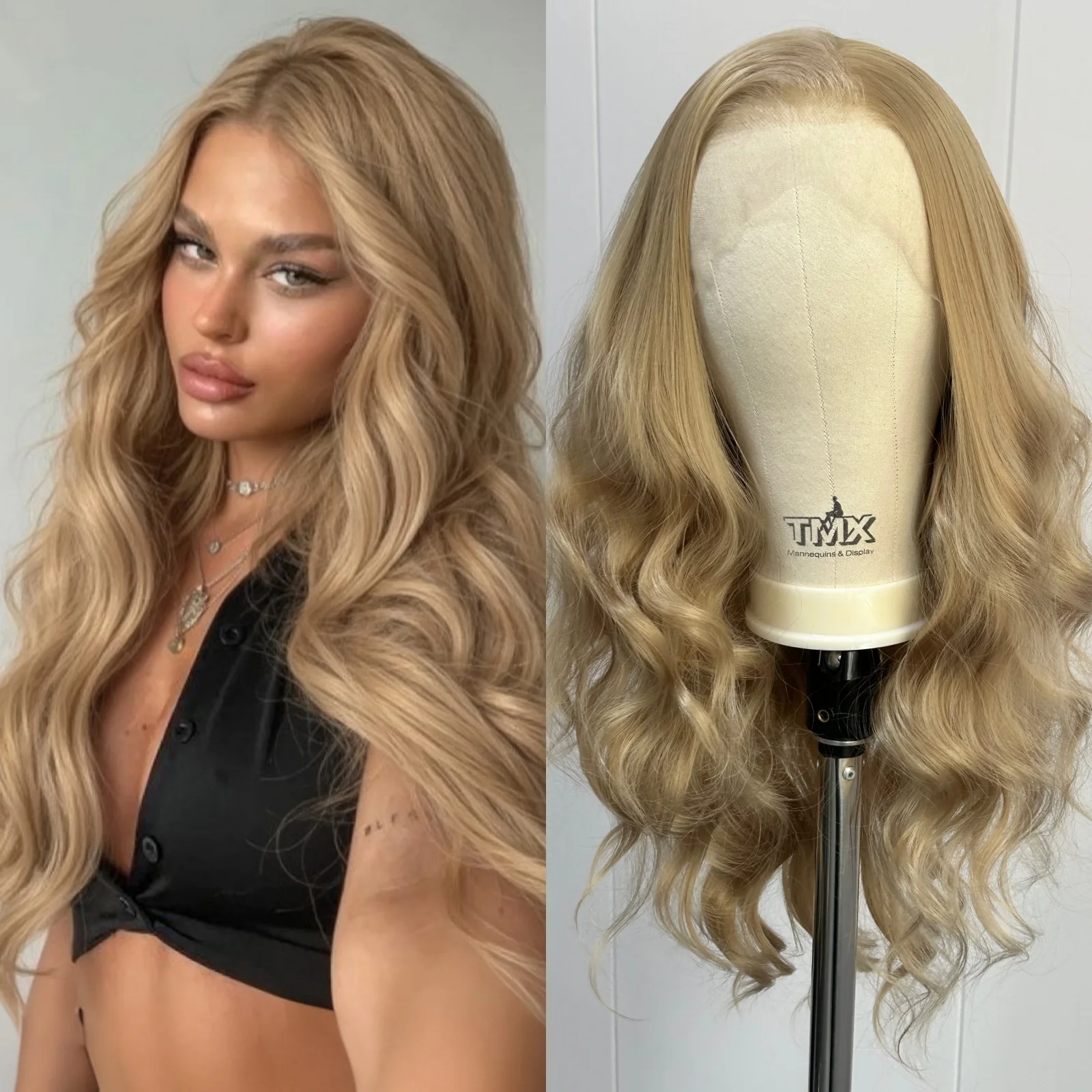 Long Blonde Curly Wavy Synthetic Loose Body Wave Lace Front Wigs for Women Free Part Ash Blonde Natural Looking Heat Resisant