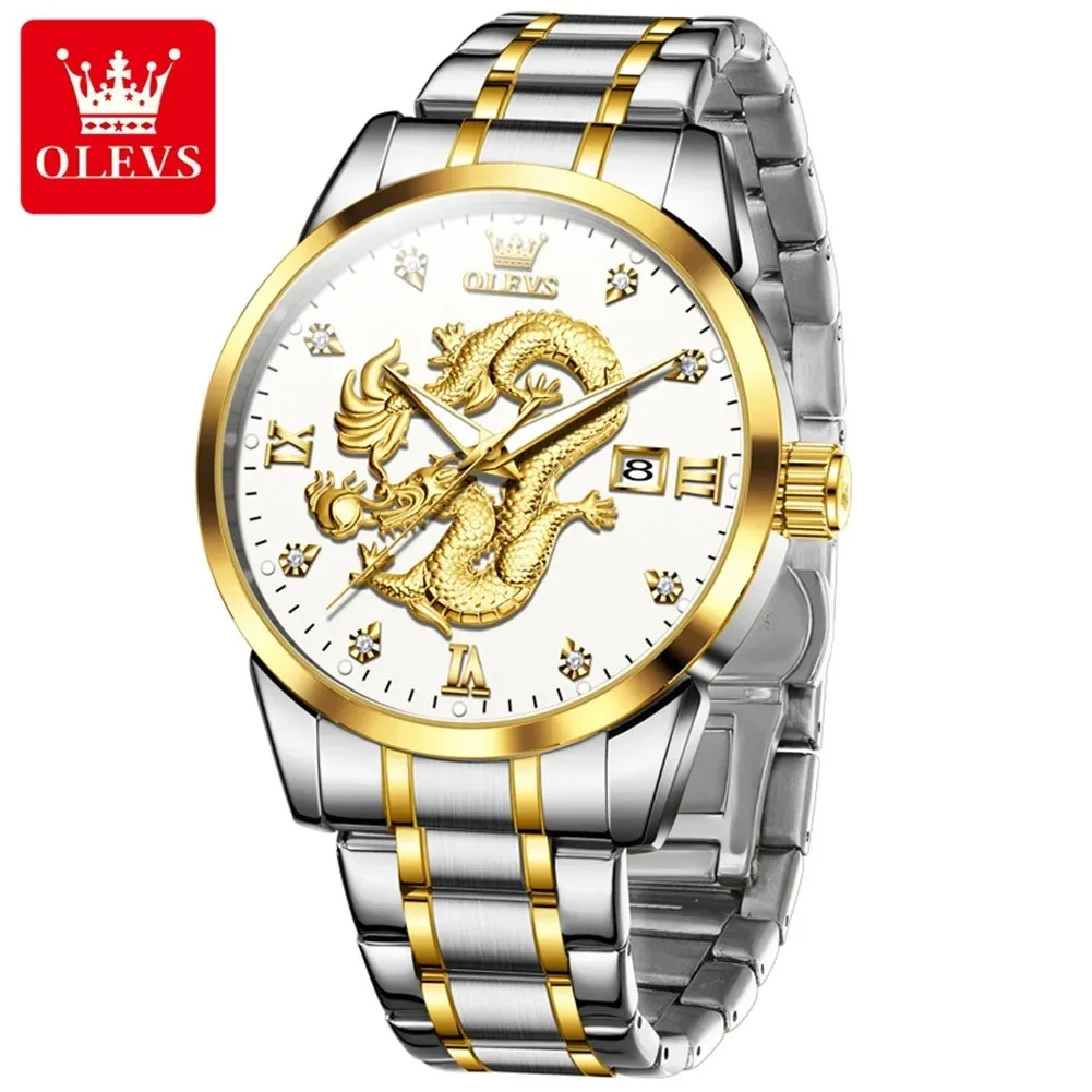 OLEVS 3619 Original Top Brand Quartz Man Watch New Dragon Watches For Men Stainless Steel Waterproof Auto Date Wristwatch Clock