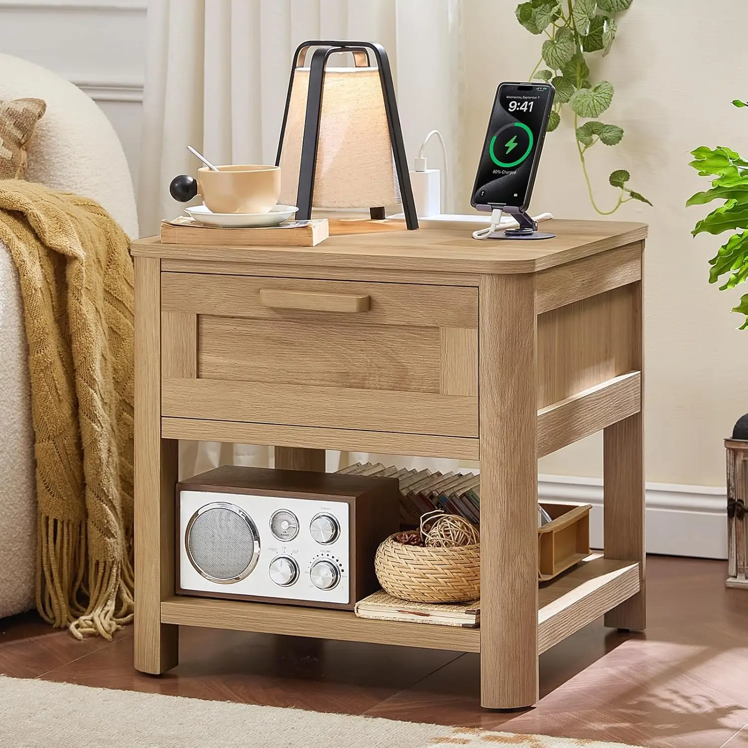 

Farmhouse End Table with Charging Station, Wood Nightstand with Drawer & Open Storage Shelf, Natural Wood, Customized