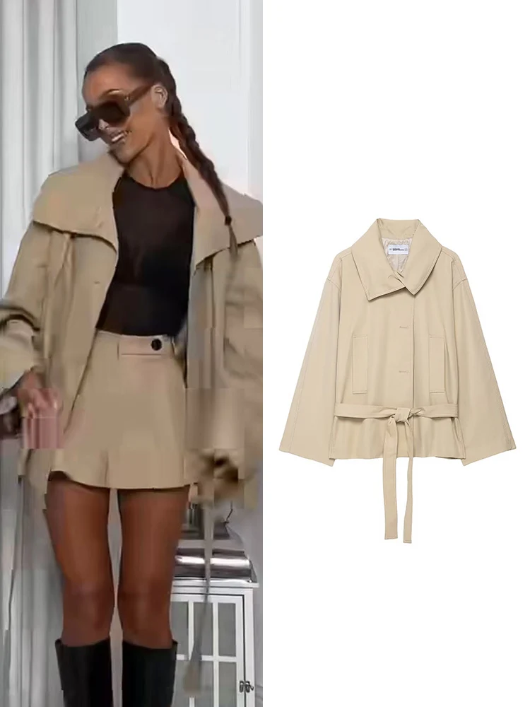 

Women Lace Up Trench Coat Chic Solid Big Lapel Full Sleeve Pocket Short Windbreaker Jacket Autumn New Belt Street Outerwear