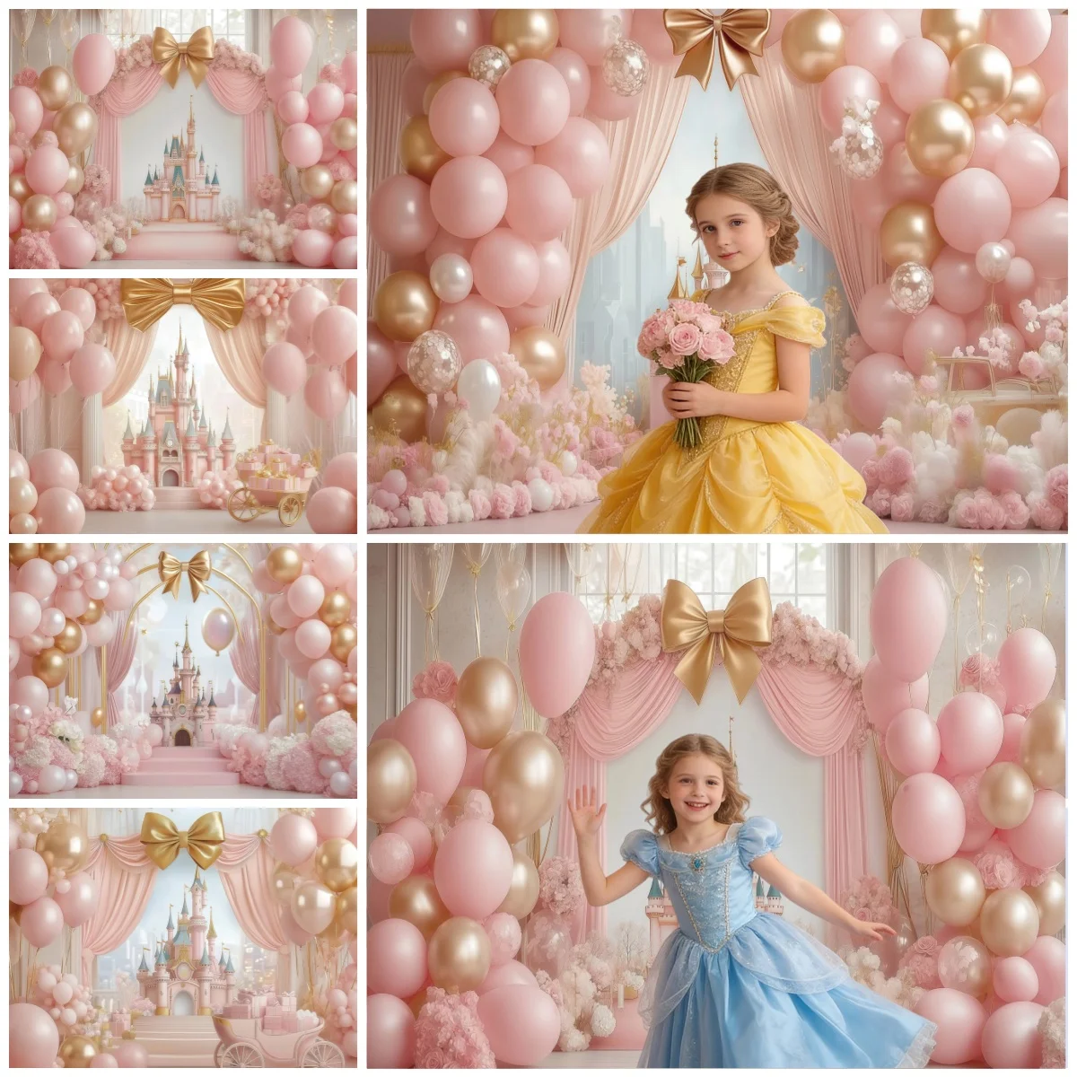 

Фон для фотосессии на день рождения девочки: Замок принцессы, розово-золотые шары, гирлянда, банты, для девочек, для портретов, для детского праздника