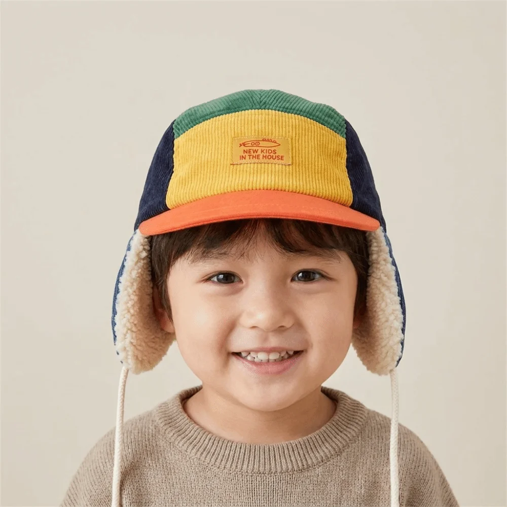 Outdoor Gear Patchwork Trapper Hat Plush Lining Earflaps Winter Plush Cap Warm Corduroy Winter Kids Hat Skiing Activity