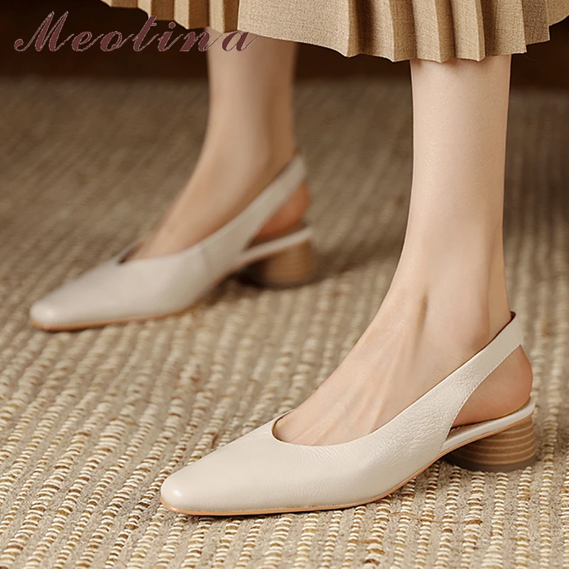 

Meotina Women Genuine Leather Slingbacks Round Toe Round Low Heel Pumps Shallow Ladies Fashion Shoes Spring Autumn Apricot