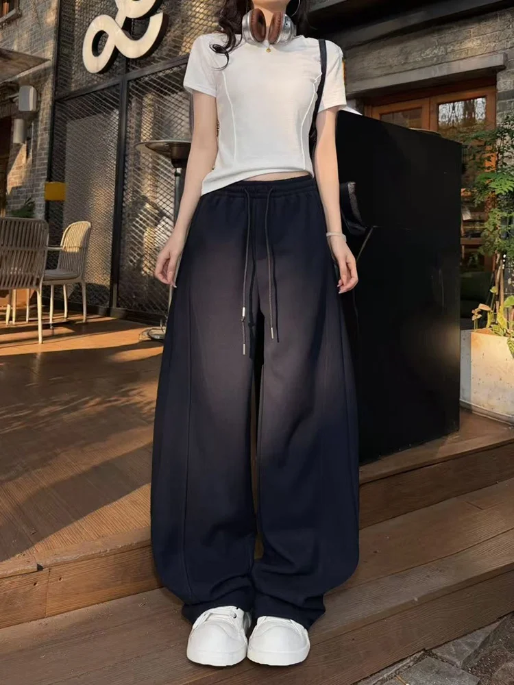 

Повседневные спортивные брюки из смесового хлопка, весна 2026, новинка, свободный крой, универсальные, с дизайнерским декором, однотонные, с завышенной талией