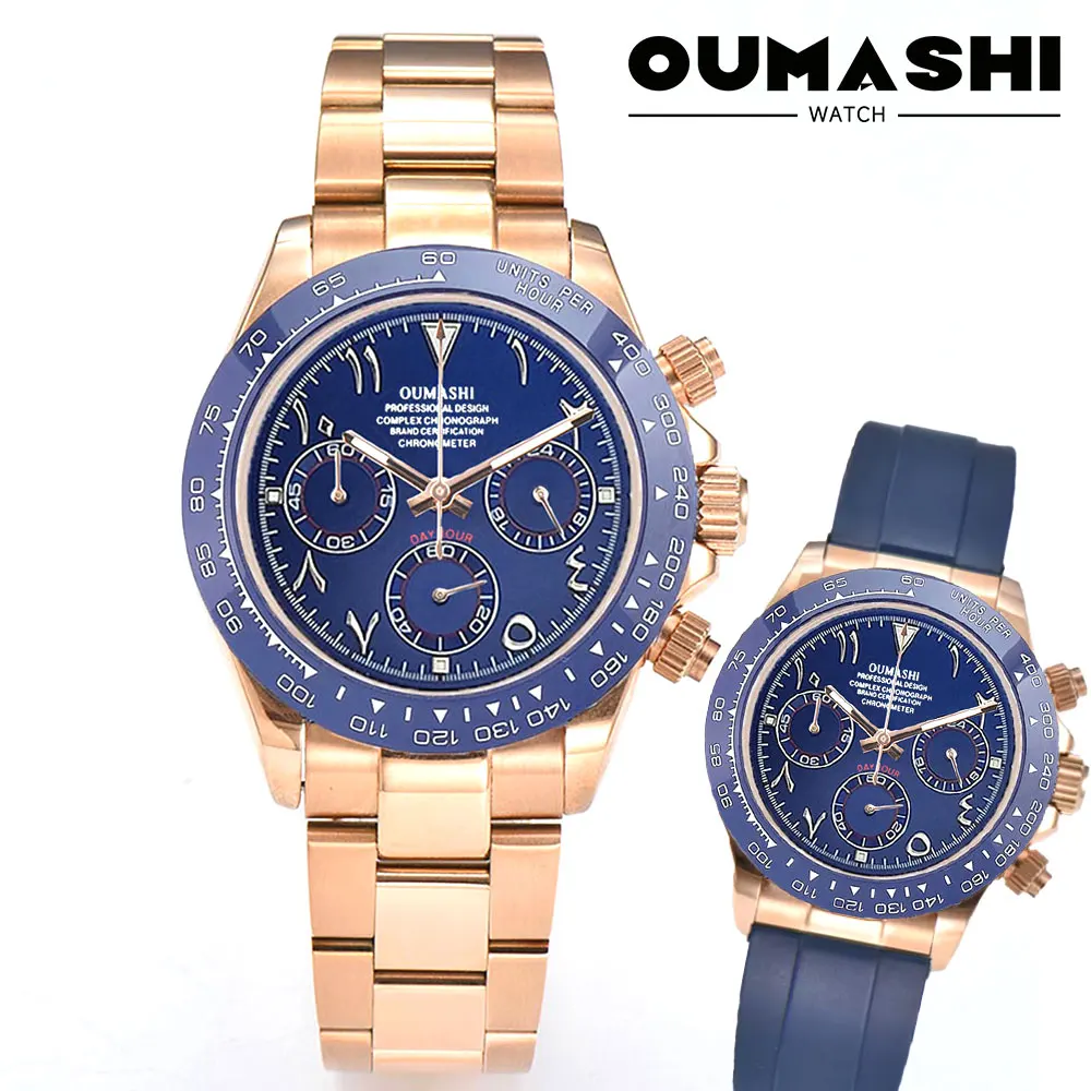 

Мужские часы, механизм VK63, 39 мм, корпус из розового золота VK63, синий арабский циферблат, мужской хронограф VK63, водонепроницаемость до 10 бар