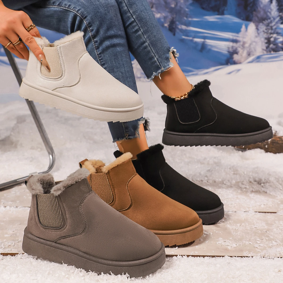 

2025 Winter Women Thick Bottom Snow Boots Cotton Warm Slip on Round Toe Shoes Comfortable Outdoor Ankle Boots Zapatos De Mujer