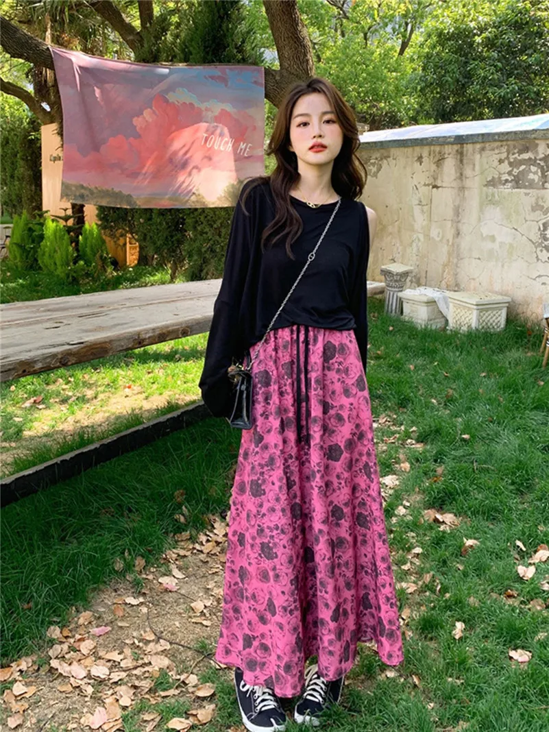 Summer Cotton Vintage Long Skirts Women New Rose Print Romantic Elegant Skirts Mori Girl Style Wave Cut Cozy Maxi Skirt Vestidos