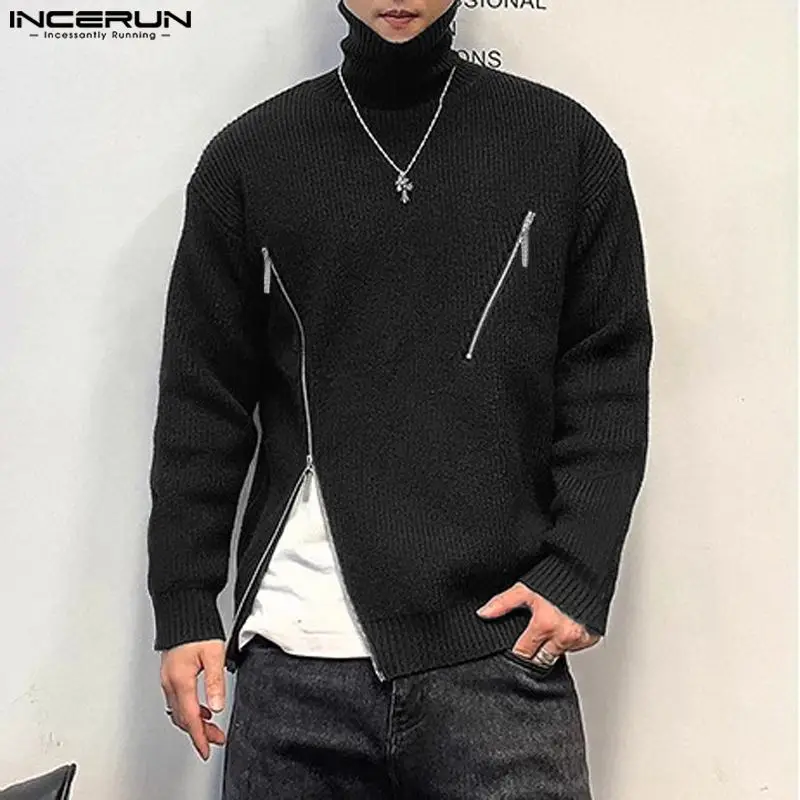 INCERUN-Jersey de punto con cremallera para hombre, Jersey informal de manga larga y cuello alto que combina con todo, estilo coreano, 2023, S-5XL