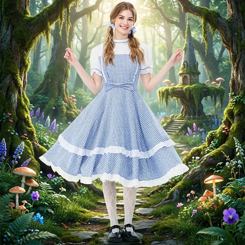 Halloween Ladies Cosplay Dress Cute Princess Style Full Skirt Plaid Short Sleeve Blue White Checkered Women's Costume Skirt