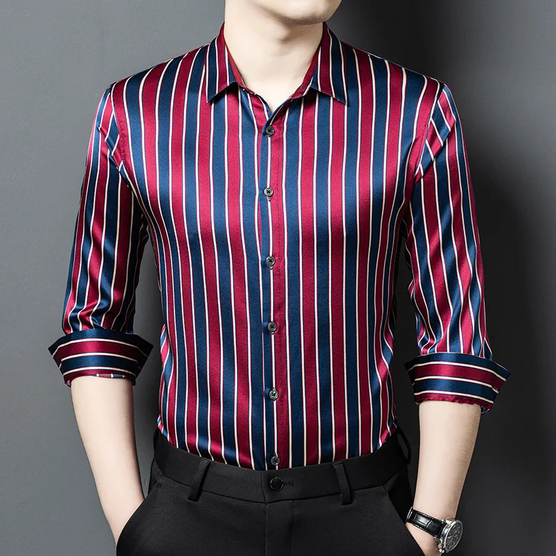 

High Quality Real Silk Men's Long-Sleeved Shirt Youth Business Casual Striped All-Matching Clothing for Middle-Aged Dad Men