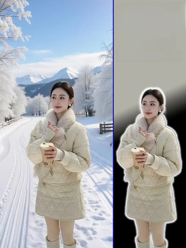 

Комплект из двух предметов: утепленная зимняя куртка больших размеров с ромбовидным узором и хлопковая юбка с завышенной талией для коррекции фигуры. Женская мода.