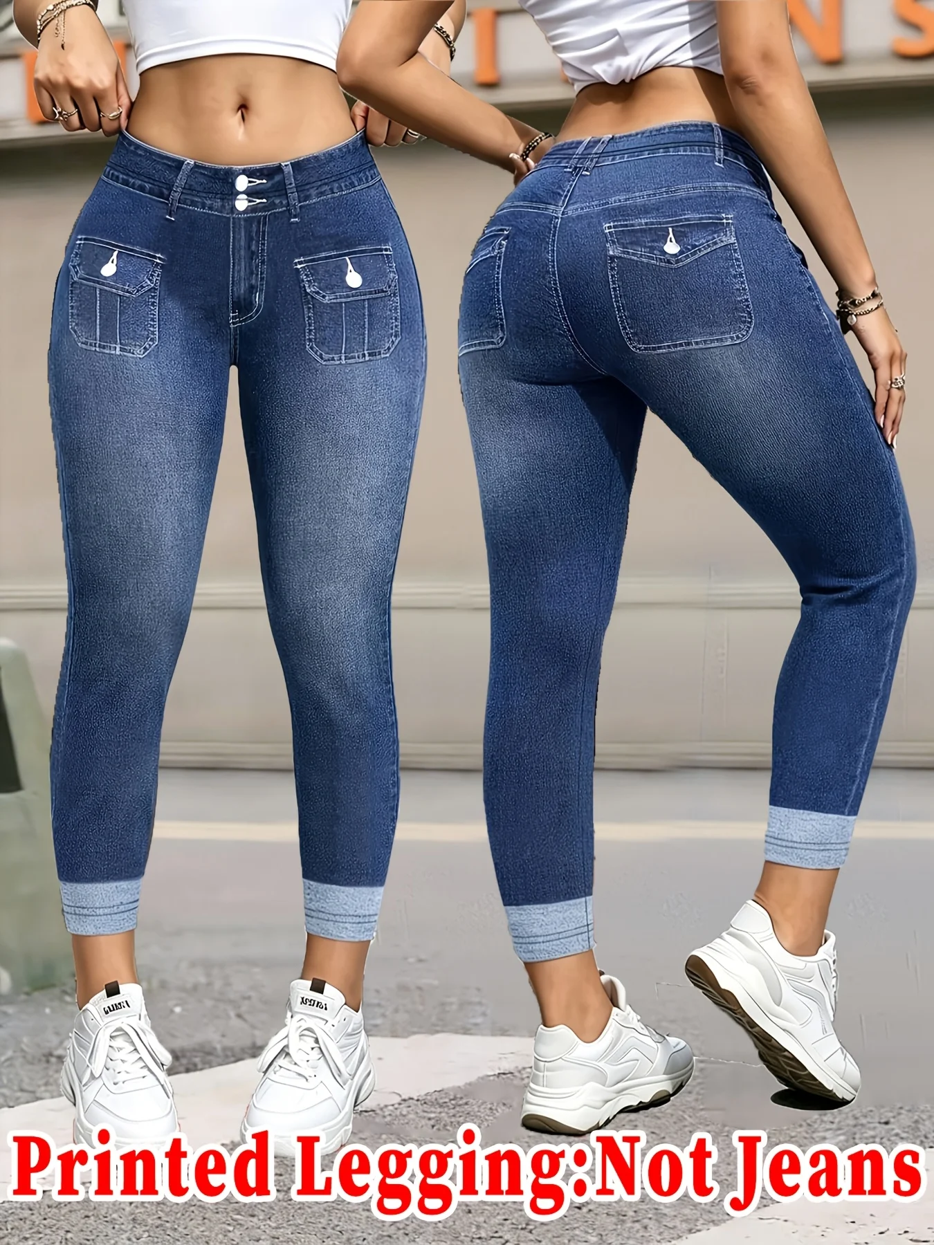 Damen High-Waist Faux-Denim Lange Leggings mit Doppelknopftasche, Schlanke Yoga-Hose, Keine Echte Jeans