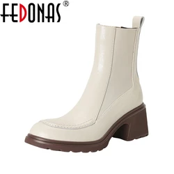 FEDONAS Women Chelsea Cow Leather Ankle Boots High Heels Fashion Slip On Thick Sole Block Heel Ladies Shoes Winter Ankle Boots