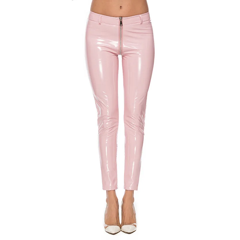 Zipper Women Shiny Leather Leggings High Waist Butt Lift Push Up Stretch Skinny Pants Ladies Open Crotch Trousers Clubwear