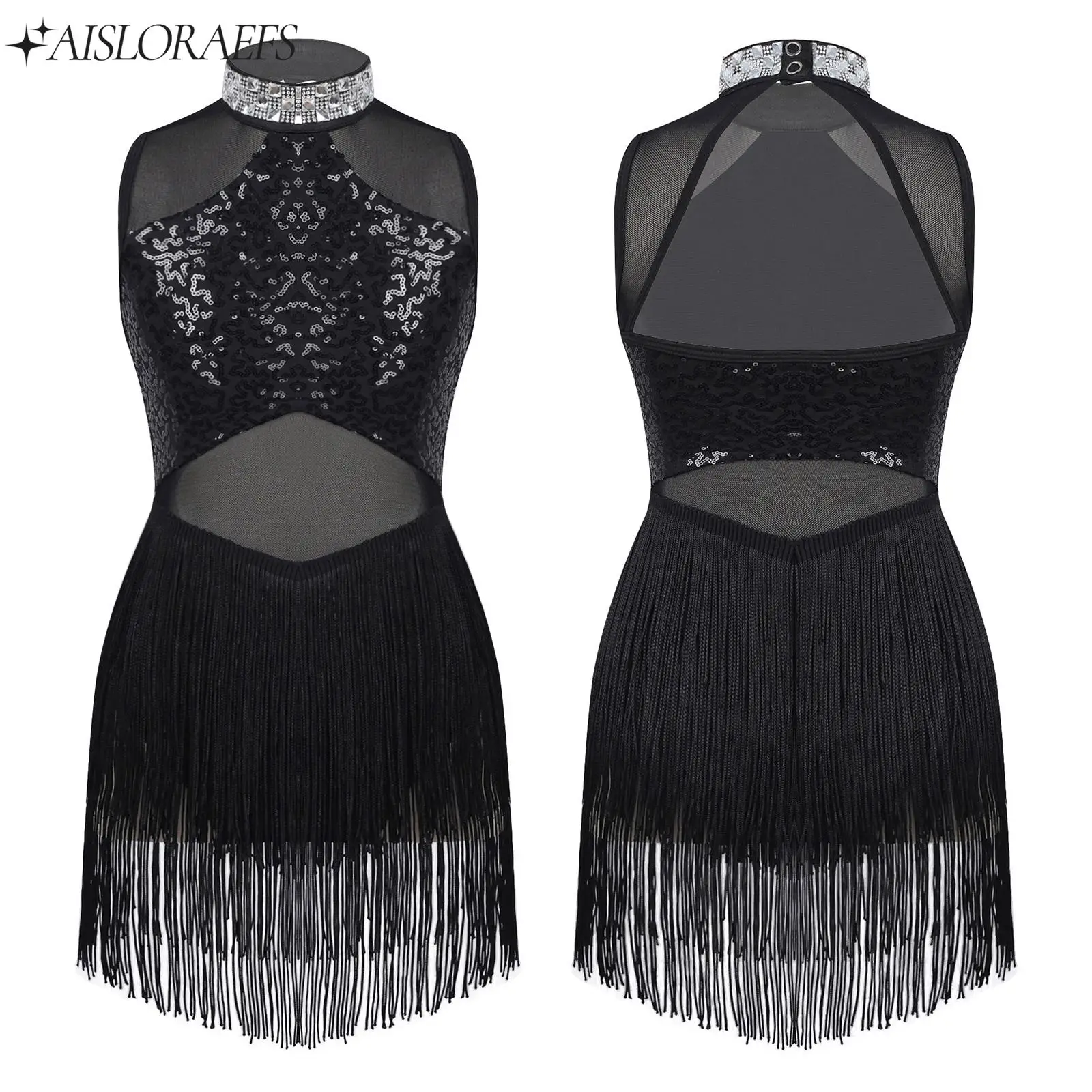 

Shiny Rhinestone Jazz Dance Dresses for Kids Girls Sequins Patchwork Mesh Tassel Hem Dance Leotards Fashion Performance Clothing