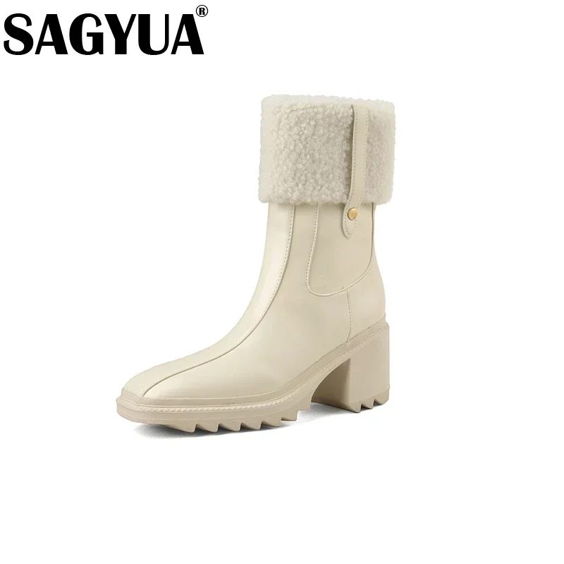 Fur Warm Women Shoes High Heel Snow Ankle Boots Square Toe Chelsea Winter Plush Boots Woman 2025 Trend Elegant Pumps Botas Mujer