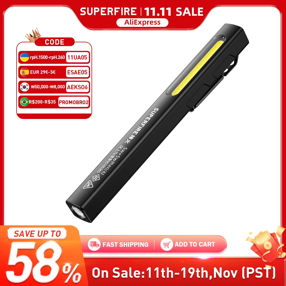 مصباح قلم SUPERFIRE G32 مع ضوء جانبي وشعلة يعتم ستبليس، مصباح LED صغير للجيب لإصلاح السيارات في حالات الطوارئ