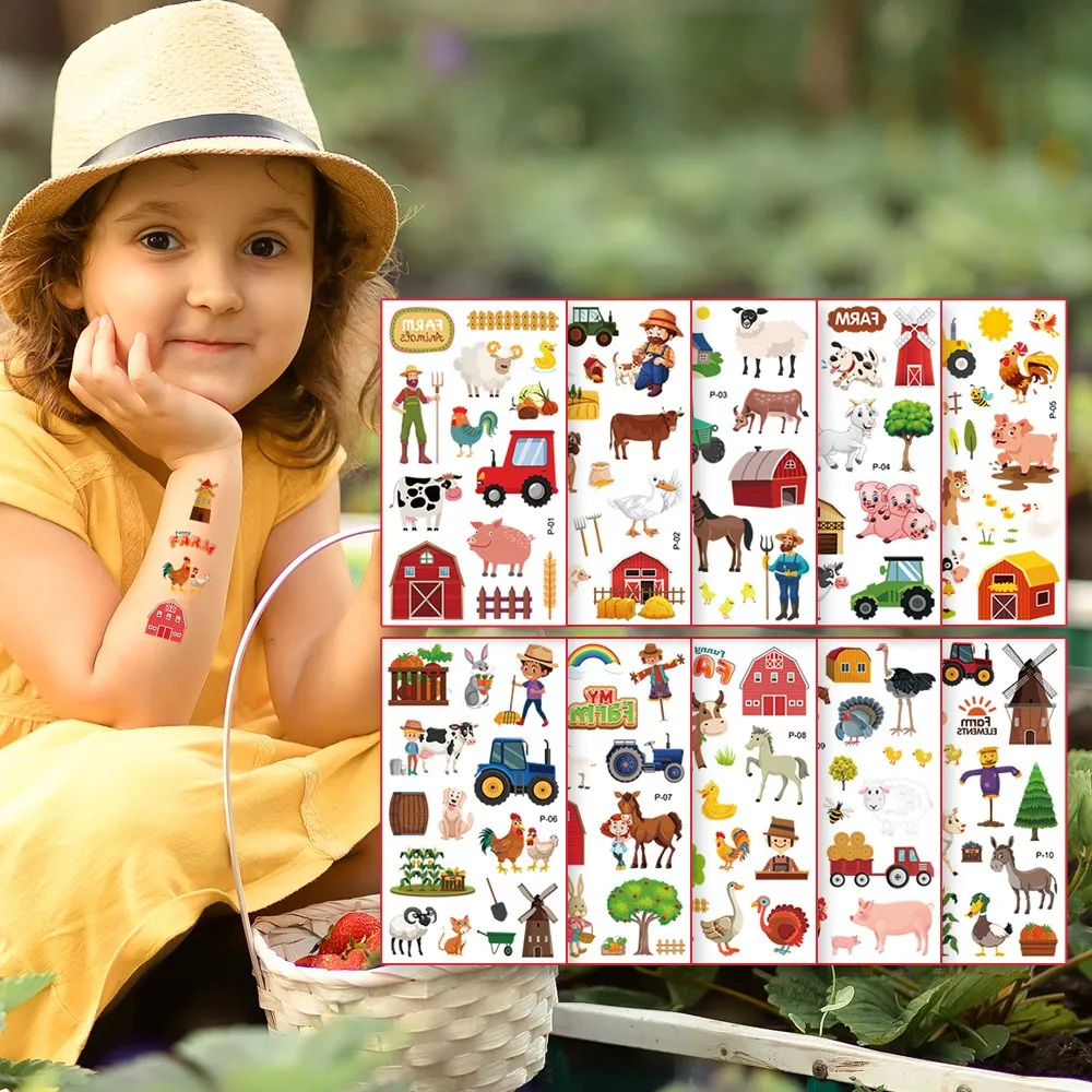 10Pcs/set Farm Animal Party Temporary Tattoos Sticker Barnyard Cow Horse Tractor Pig Sheep Kids Birthday Gift Decorations