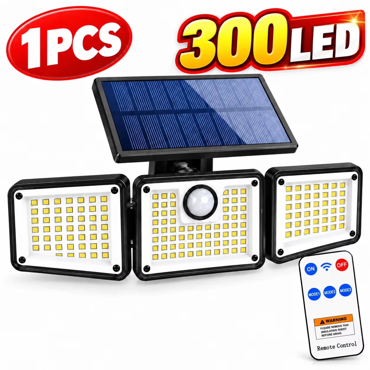 1/2pcs 300LED Solar Motion Sensor Lights Outdoor with Remote Control, 3 Adjustable Heads, 3 Lighting Modes, IP65 Waterproof Security Wall Lights for Yard, Garage, Porch, Garden, Patio & Driveway