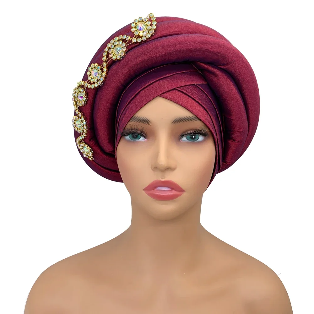 Diamonds Nigeria Raw Silk Autogele Headtie Muslim Hat Party Headwear Twisted Braid Turban Cap for Women African Lady Head Wraps