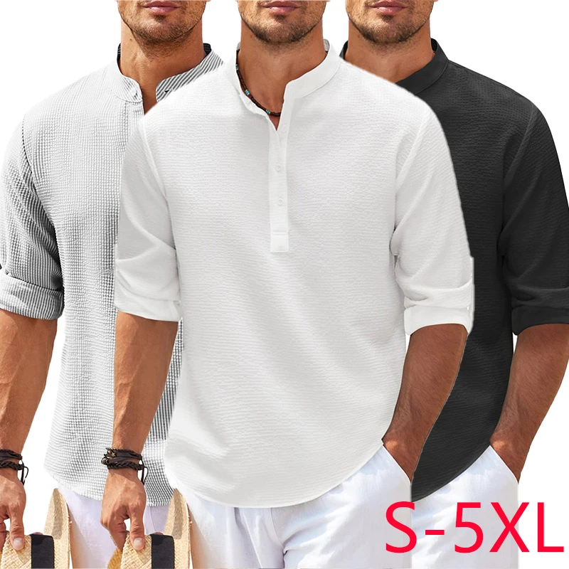 Men's casual loose shirt men's fashion stand collar pure cotton long-sleeved pure color shirt large men's wear