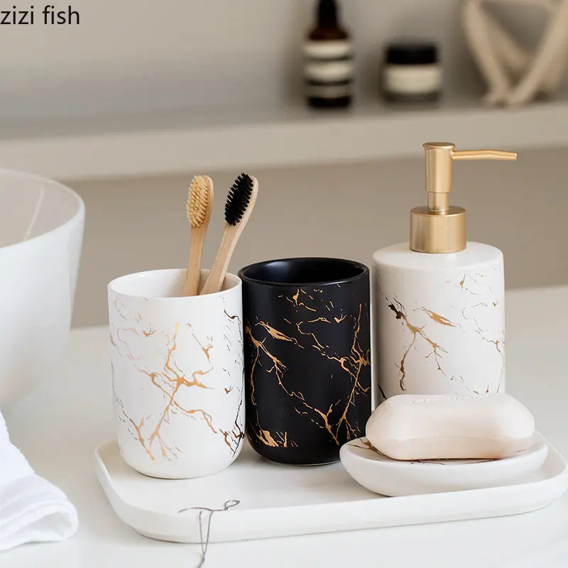 Marbled Ceramic Bathroom Set Couple Mouthwash Cup Set Toiletries Wash Set Lotion Bottle Soap Dish Organize Trays Soap Bottle